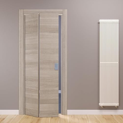 Porte Italiane, Puerta plegable tipo libro Fluid Motion 180° de laminado, estructura de madera y tapas de cables impermeable, con cerradura magnética, 80 x 210 cm con apertura derecha, roble