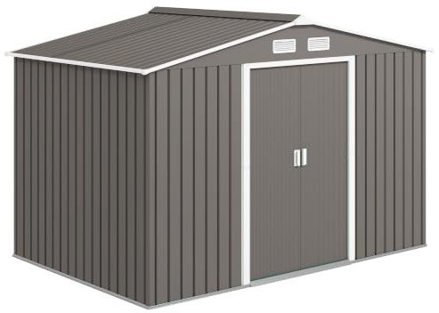 Outsunny Casetta da Giardino 4.9 m² con Fondazione, 4 Prese d'Aria e 2 Porte Scorrevoli, Capanno Porta Attrezzi in Lamiera d'Acciaio, 277x195x192 cm, Grigio