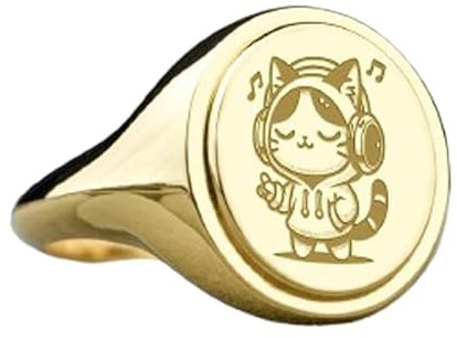 WORLD WIDE GEMS Siegelring mit Cartoon-Katze mit Kopfhörern, Tierschmuck, ovaler Gravur, Musikliebhaber, Geschenk, Schmuck, 925er-Sterlingsilber (Ringgröße 5–12,5), vergoldet, WW_PDR_00446, 15x13mm