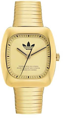 adidas Retro Wave ONE Unisex Armbanduhr, Quarz Analog, Edelstahl, 37 mm, Edelstahlarmband, Farbe: Gold, 5 bar, Zifferblattfarbe: Gold, AOSY24024