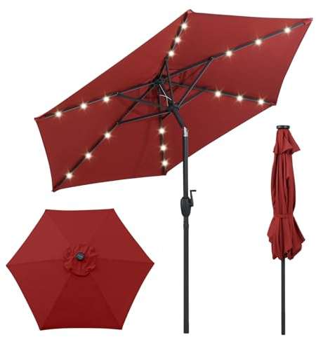 COSTWAY Parasol de Jardin Extérieur Ø 230 CM, Parasol Inclinable Lumineux Solaire, Bouton-Poussoir, Manivelle, Toit Ventilé, Cadre en Métal, pour Balcon Jardin Terrasse (230 x 230 x 225 cm,Rouge)