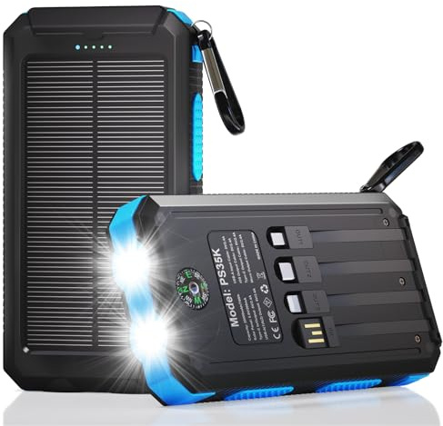 Durecopow Solar Charger Power Bank 20,000mAh, Portable Charger, 4 Cables 3 Ports Fast Charging External Battery Pack with USB C for Cell Phones, Solar Panel Charger with Dual Flashlight for Camping