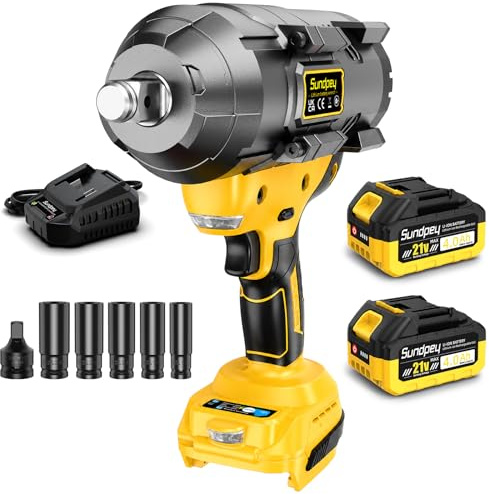 Sundpey 2000Nm Clé à Chocs Sans Fil Brushless, 3/4 Boulonneuse a Choc Electrique Avec Batterie 2 * 4000mAh 21V & Adaptateur de Foret 3/4 à 1/2 & 5 Douilles, pour Boulonner et Déboulonner, Jaune