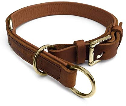 Zugstopp Lederhalsband für Hunde Schlupfhalsband Cognac, Messing Gr. 35