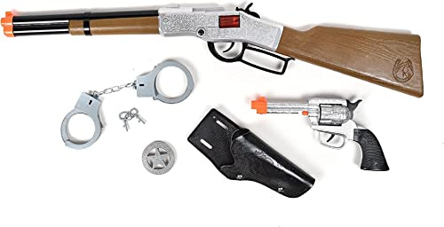 Maxx Action Wild West Cap Play Gun Toy Blaster Play Set – 6 Piece Western Toys for Kids | Cowboy Sheriff Cap Blaster with Handcuffs | Ring Caps Sold Separately