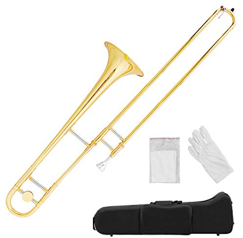 Costzon B Flat Tenor Slide Trombone Brass, Ideal for Standard Student Beginner Trombone w/Case, Gloves, Mouthpiece, Portable