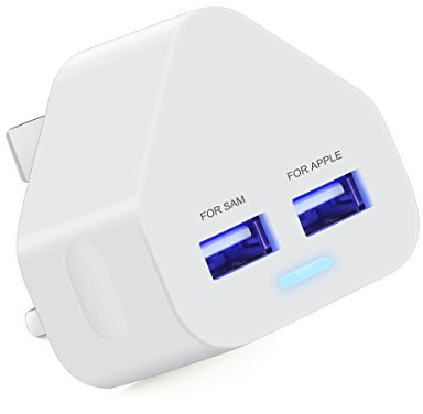Ameego Dual USB Mains Charger 2AMP/2000mAh Rapid Speed Charging Universal Adapter with Smart IC UK Plug for iPhone/iPad/Samsung/Pixel/Windows Phone/Tablets & USB Devices - White
