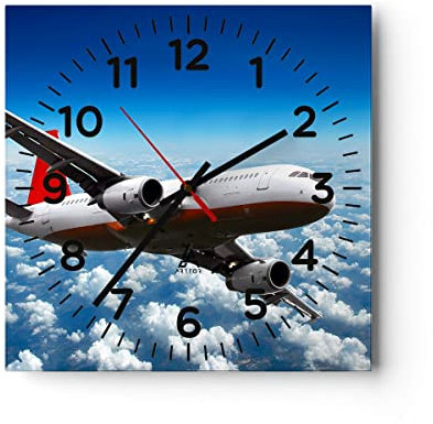 Modern Wanduhr Passagier Flugzeug Motoren Wolken 30x30cm Quadrat Klein Wand Uhr Glas Analog Zimmeruhren Küche Büro Wohnzimmer Glasuhr Wall Clock Dekoration Design Küchenuhr C4AC30x30-0375