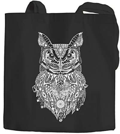 Jutebeutel Eule Zentangle Boho Bohamian Owl Tragetasche Stofftasche Autiga® schwarz 2 lange Henkel