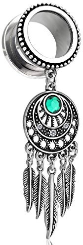 Flesh Tunnel Ohr Piercing Ohrstecker Traumfänger Dreamcatcher Feder Vintage Edelstahl Schraubverschluss silber 10 mm