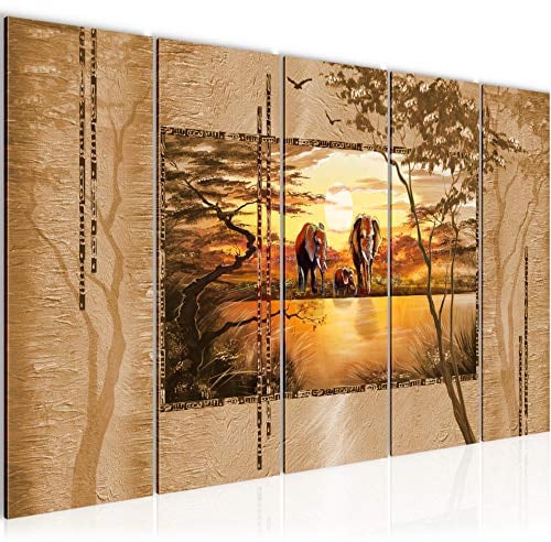 Runa Art Bild Afrika Elefant Wandbilder auf Vlies Leinwand 5 Teilig Wanddekoration Wohnzimmer Schlafzimmer 001756a