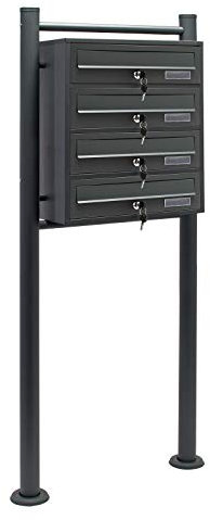 Wiltec 4er Briefkastenanlage Anthrazit 270 x 513 x 1500 mm, Standbriefkasten mit 4 Fächern, Schlüssel und Namensschild, Briefkasten Postkasten mit Ständer