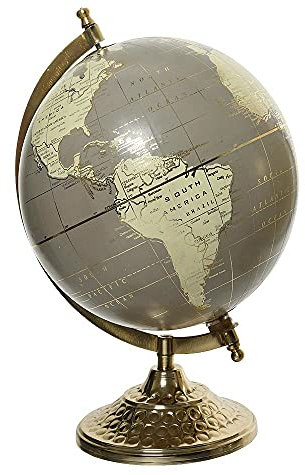zeitzone Design Globus Grau Gold 20 cm – Moderne Weltkugel mit Metallständer – Edler Standglobus für Büro & Wohnzimmer – Geografische Karte Englisch