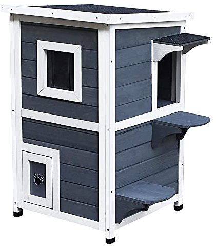 PawHut Solida Cuccia per Gatti in Legno Impermeabile su 2 Piani, con Tetto Apribile, 51cm x 51cm x 81.3cm