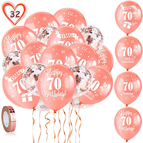 HOWAF 70. Geburtstag Luftballons, 30 Stück Rose Gold 70. Geburtstags Deko Ballons Latex Konfetti Luftballons & 2 Bänder für Frauen 70. Geburtstag Party Dekorationen - 12 Zoll (Alter 70)