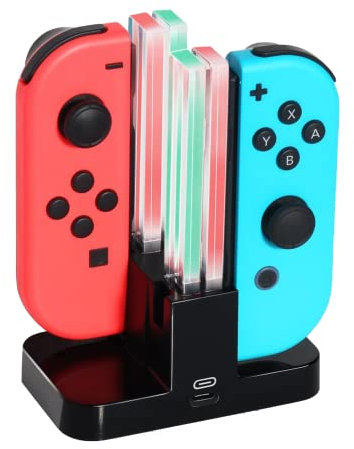 INF Estación de Carga para Nintendo Switch con indicador LED, Cargador Joy-con 4 en 1 con Cable de Carga USB C, Negro