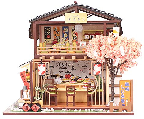 Hztyyier DIY Miniatur Puppenhaus Kits, Holz Miniatur 3D Gewächshaus DIY Sushi Shop Modell Puppenhaus DIY Kit Montiert für Geburtstagsgeschenk