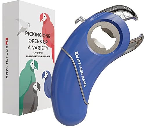 Kitchen Mama Epic One Ouvre-Bouteilles Multifonctions - Ouvre les Bouteilles avec Bouchons à Vis & Capsule, Canettes, Languettes & Bocaux - Ergonomique, Adapté aux Mains Arthritiques (Bleu)