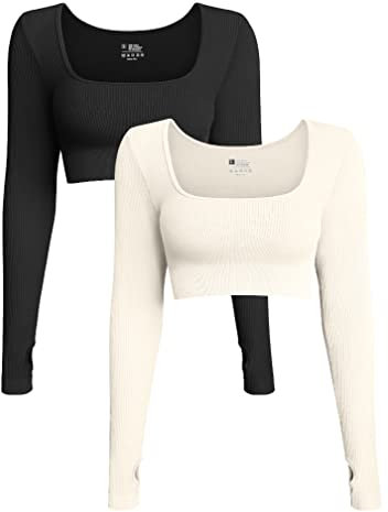 OQQ Women's 2 Piece Crop Top Ribbed Seamless Workout Exercise Long Sleeve Crop Tops, Black,Beige, L