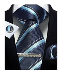 CWKOON Herren-Krawatte, gestreift, kariert, gepunktet, formelle Krawatte, Einstecktuch, Krawattenklammern, Manschettenknöpfe, klassisches Set, Blau/Marineblau, Einheitsgröße