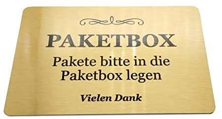 Paketkasten Schild – Pakete bitte in die Paketbox legen Vielen Dank – Metall, Aluminium mit Kleber, Hinweis für Lieferungen, Pakete, Post, Notiz, Plakette, Metal (Messing)