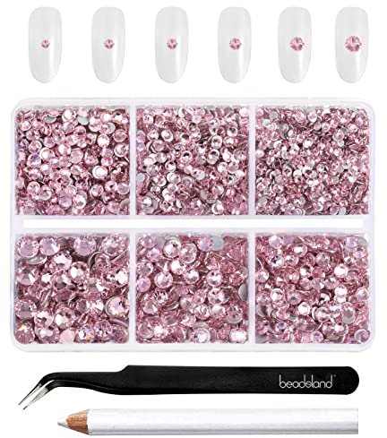 Beadsland 4300 Stück Rosa Strasssteine mit flacher Rückseite,Nagelsteine, runde Kristall-Strasssteine zum Basteln, gemischt in 6 Größen, mit Picking-Pinzette und Wachsstift-Set, SS6–SS20,Rosa