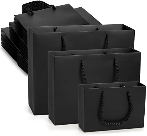Lyellfe 30 Pack Black Gift Bags, Heavy Duty Kraft Paper Bags with Handle, Waterproof Shopping Bag Bulk, Luxury Recycled Shopping Bag, Retail Merchandise Bag for Birthday, Wedding, Christmas, S, M, L