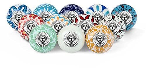 LUTAKU Craft Trade Kommodenknöpfe für Schränke und Schubladen – verschiedene Keramikgriffe für Küchenschrank, Kleiderschrank, dekorative Möbelbeschläge, mehrfarbiges Mandala, 12 Stück (01)