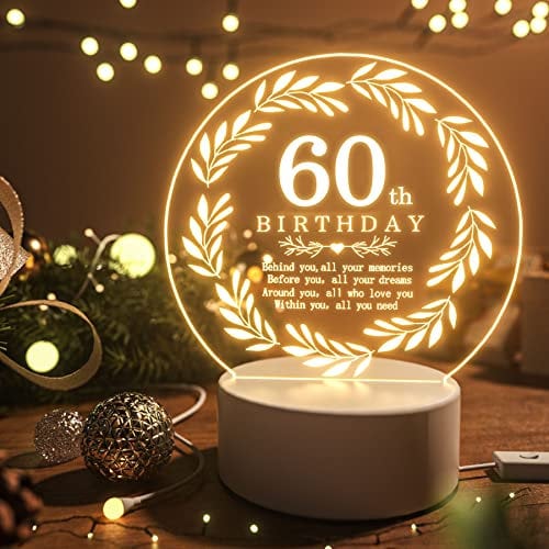 JOVMUND 60th Birthday Gifts for Woman, 60th Birthday Decorations Gifts Engraved Led Light, 60th Birthday Gift for Man, 60th Birthday Ideas Gift for Daughter Son Sister Friend Husband Wife