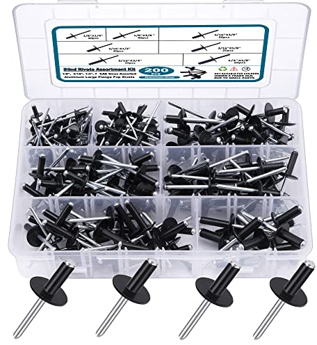 SATANTECH 200 schwarze Nieten, Pop-Nietensortiment, großer Flansch, Aluminium-Nieten (0,3 cm, 3/16 Zoll, 1/4 Zoll), sortierte Blindnieten mit Etui