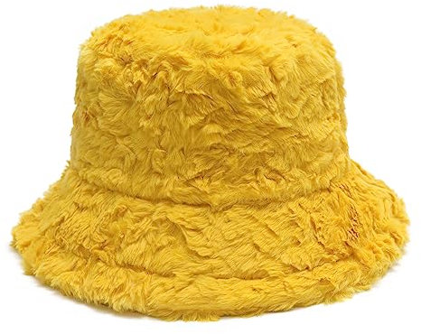 ZLYC Damen Winter Kunstpelz Fischerhut Stricken Bucket Hut(Pelziges Gelb)