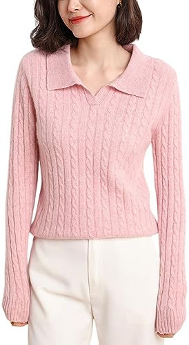 DISSA Pull Cachemire Femme Revers Rose Torsade Tricoté en Vrac Manches Longues épais Pull en Cachemire et Laine,38,DF8025