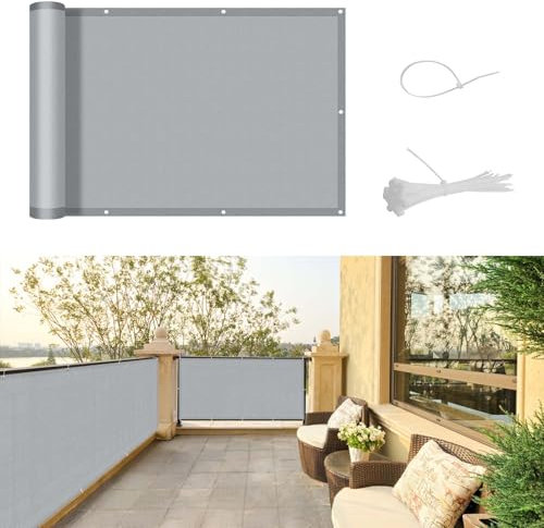 SUNNY GUARD Benutzerdefinierte Balkon Sichtschutz 80x900cm Balkonverkleidung Balkonabdeckung Balkonumspannungen UV-Schutz Wind und Wetterfest mit Kabelbinder,Hellgrau