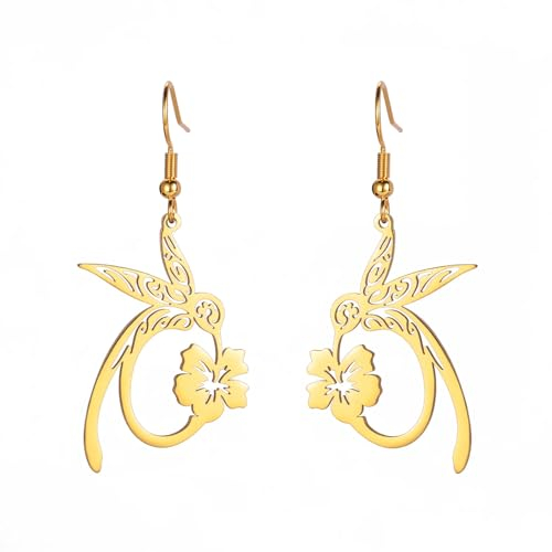 Dreamtimes Kolibri Kardinal baumeln Tropfen Ohrringe für Frauen zierlich Vogel Blume Ohrringe stark mutig frei Kolibri-Schmuck Geschenke (Gold)