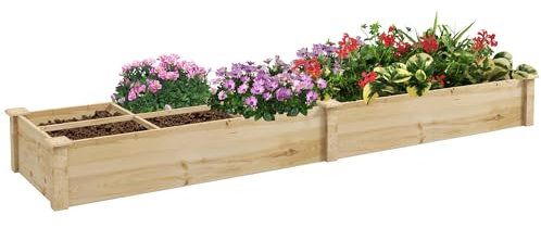 Outsunny Hochbeet aus Holz, Großes Pflanzkasten mit 2 Fächern, Blumenkasten, Kräuterbeet, Gemüsebeet für Garten, Balkon, Natur, 237 x 60 x 25cm