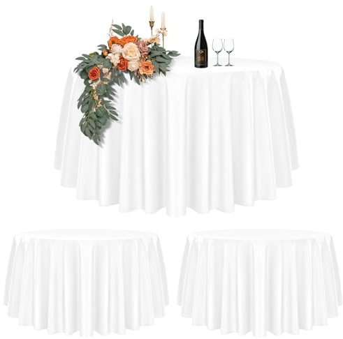 Teruntrue 2 Stück Tischdecke, rund, weiß, Stoff, 275 cm, wasserdicht und waschbar, Tischdecken Ø 120 – 210 cm, große runde Tischdecke aus Polyester, für Party, Hochzeit, Buffet, Camping, Restaurant