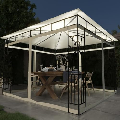 BaraSh Pavillon mit Moskitonetz & LED-Lichterkette 3x3x2,73m Cremeweiß Grillpavillon Winterfest Moskitonetz Garten