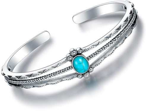 Echter Türkis Armreif, Sterling Silber Boho Verstellbarer Bangles Cuff Native American Vintage Schmuck für Damen, Passend für 6.5/7 / 7.5 Zoll