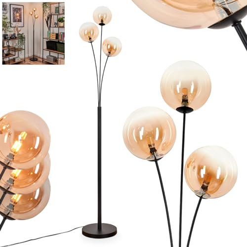 Stehleuchte Bernado, Stehlampe aus Metall/Glas in Schwarz/Bernstein/Klar, Leuchte im modernen Retro/Vintage-Design mit Schirmen aus Glas (Ø 15 cm), dimmbar über Fußschalter, 3 x G9, ohne Leuchtmittel