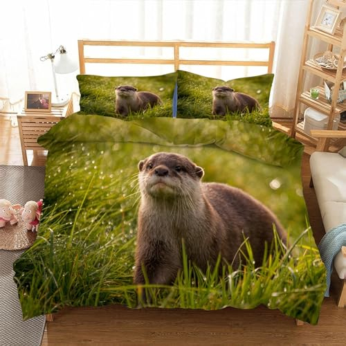 BAIL Bettbezüge 200x200 Otter Bettwaesche Gras Bettbezug Mikrofaser 3teilig Bettwäsche Weich Atmungsaktiv und 2 Kissenbezüge 80x80 cm mit Reißverschluss