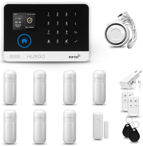 HUXGO® HXA003 Alarmanlage Haus WiFi + GSM 4G mit Sirene | Tuya Smartlife App | Alarm System mit Drahtloser Fenstersensor, 7X Bewegungsmelder | Alarmanlage für Wohnung, Garage