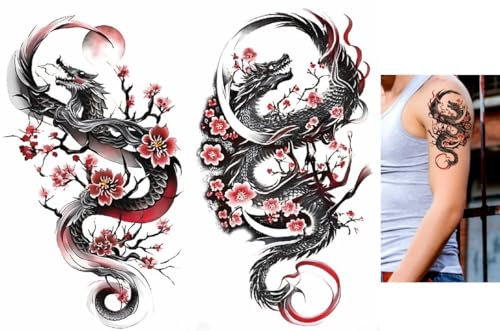BeyondTattoos TBS8493 8611 Lot de 2 feuilles de tatouages temporaires Dragon Dragon Tatouages temporaires Motif cerisier