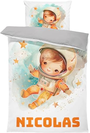 Pictogogo Astronaut-Design Jungenbettwäsche, Personalisiert, Wählbare Baumwollunterfarbe (Weiß, Rosa, Blau, Grau), Oeko-TEX, 135 x 200 cm
