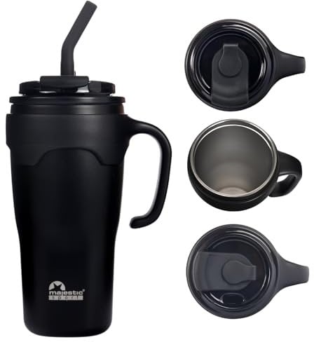 Majestic Sport Jelly Thermobecher mit Strohhalm und Henkel 650ml Edelstahl Heiße Kalte Getränke Vakuum Trinkbecher,Kaffeebecher für Zuhause Reisen, Schwarz