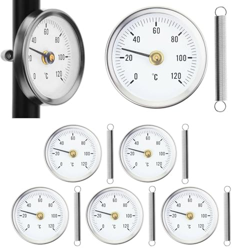 6 Stück Anlegethermometer Heizungsrohr,Temperaturanzeige Mit Clip-On Feder 0-120℃,Rohrthermometer 63 mm Rohr Thermometer,Heißes Wasser Rohr Thermometer,Zeigerthermometer für Rohre Kessel