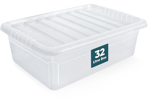 FB FunkyBuys Plastic Storage Boxes With Lids - Strong, Durable, Multipurpose, Spacious & Clear Storage Boxes For Home and Offices (Pack 1, 32 Litre Underbed)