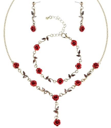 TAXTYHRE Ensemble Bijoux Femme, Collier Rose Rouge Femme, Rose Bracelet et Boucles d'oreilles, Ajustable Vintage Jewellery Set, pour Dames Filles Saint-Valentin Noël Fêtes d'anniversaire Mariages