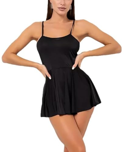 JFAN Nuisette Femme Lingerie Chemise De Nuit sous Vetements Feminins Bretelles Spaghetti Ajustables Mini Robe de Nuit avec G-String