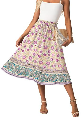 GRECERELLE Jupe d'été mi-longue style bohème fluide et décontracté taille haute avec poches et ceinture à nouer réglable, Fleur d'onagre violette, XXL