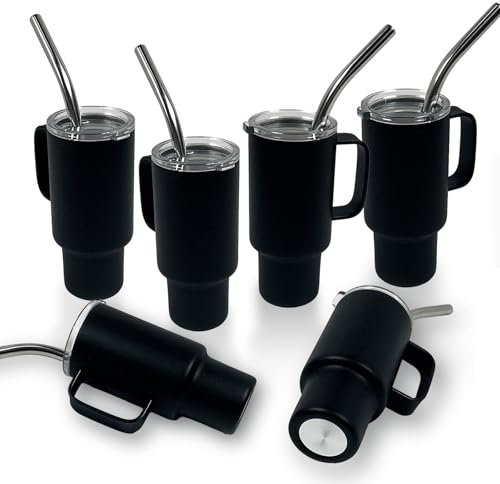 Kawaii - Vasos de chupito de 2 onzas con asa, mini vasos aislados para espresso y licores, regalos divertidos con tapa y pajita, juego de 6 vasos negros